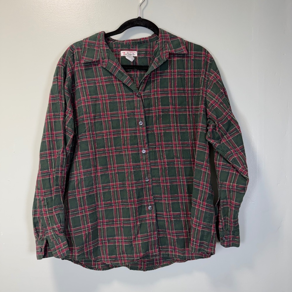 Talbots Womens Large Green Red Plaid‎ Cotton Button Down Shirt Textured Jacquard